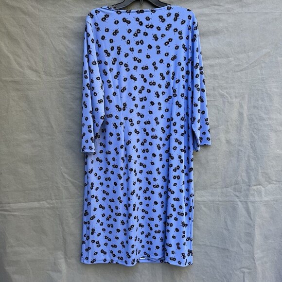 Talbots Plus Sz 2X Blue Black Stretch Jersey Dress Faux Wrap Daisy Knee Length - Picture 2 of 4